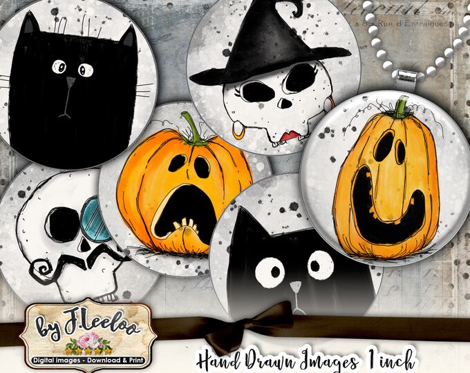 SKULL CAT PUMPKIN 1 inch hand drawn for party magnets scrapbook pendants Digital collage for instant download  tn587