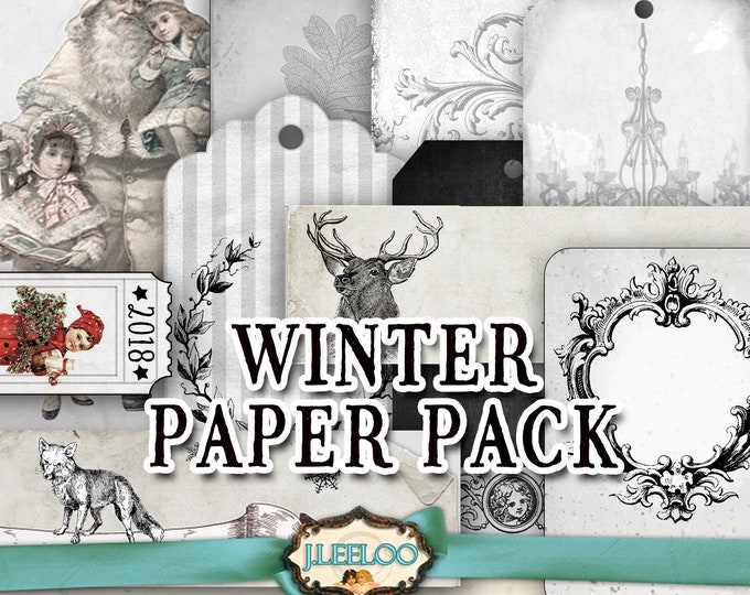 WINTER PAPER PACK vintage holidays digital collage sheet black white ephemera cards tags envelopes printable for journal kit diary cp001