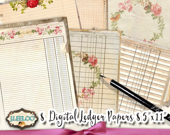 FRENCH LEDGER Writing Ephemera 8 digital papers Journal Shabby Chic Organizing  note pad Instant Download digital collage sheet pp437