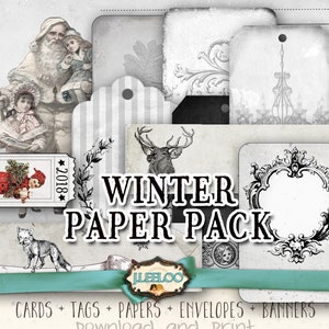 CONFEZIONE DI CARTA INVERNALE vacanze vintage foglio di collage digitale nero bianco carte effimere etichette buste stampabili per diario kit diario cp001