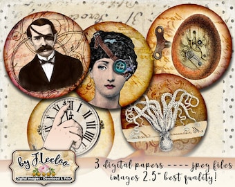 STEAMPUNK 2.5" printable and download digital collage sheet for scrapbook junk journal magnets cabochon TN576