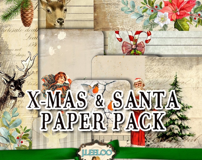 X-MAS SANTA Paper Pack vintage holidays digital collage sheet ephemera cards tags envelopes printable for journal kit diary cp003
