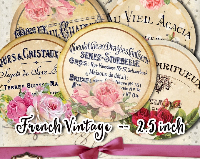 FRENCH VINTAGE 2.5 inch circle shabby chic cupcake topper pendant magnet roses printable instant download tn574