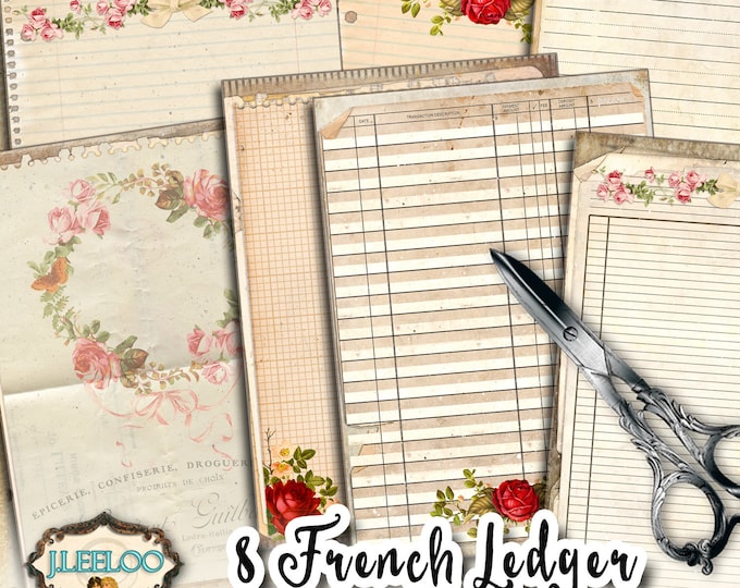 FRENCH LEDGER postcards 5x7 inch editable shabby chic digital note pad ledger journal diary scrapbook instant download printable pp439