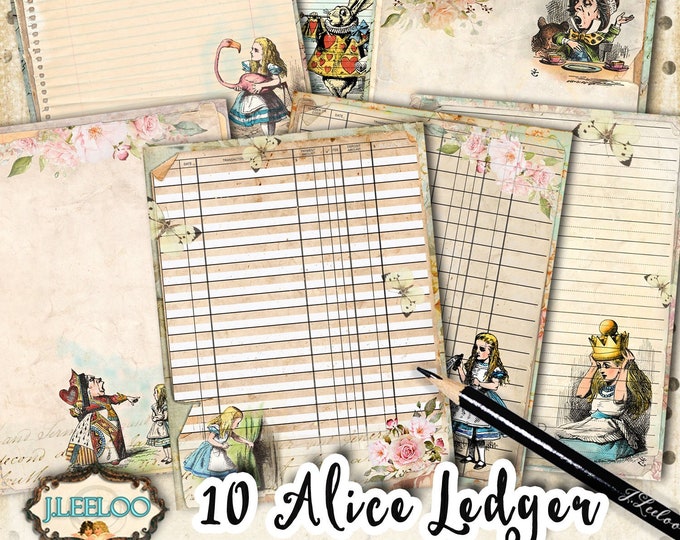 ALICE LEDGER in Wonderland large papers 8.5x11 inch printable diary Mad Hatter Lewis Carroll White Rabbit instant download pp440