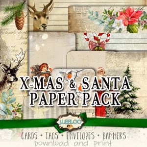 X-MAS SANTA Paper Pack vacanze vintage collage digitale foglio carte effimere tag buste stampabili per diario kit diario cp003
