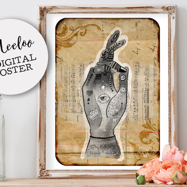 FORTUNE TELLER 4 large poster hand drawn Digital collage sheet gothic steampunk diary scrapbook instant download printable pp490