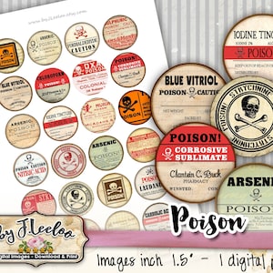 Digital paper POISON 1.5 inch circle goth apothecary labels arsenic magnet stickers mirrors pendant instant download printable tn593