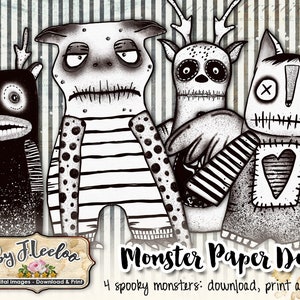 POUPÉE DE PAPIER MONSTRE dessinée à la main effrayant à colorier Feuille de collage numérique scrapbooking Téléchargement instantané imprimable pp514
