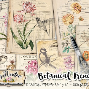 BOTANISCHES französisches großes 8,5 x 11 Zoll digitales druckbares Tagebuch shabby Blumenmuster zum sofortigen Download für Scrapbooking