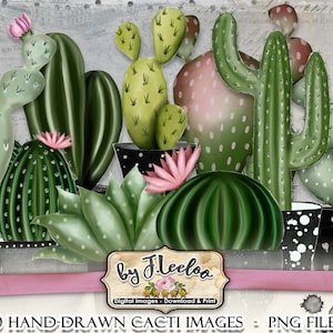 Fichiers png jpg dessinés à la main CACTI Feuille de collage numérique pour scrapbooking art altéré Téléchargement instantané imprimable cl128