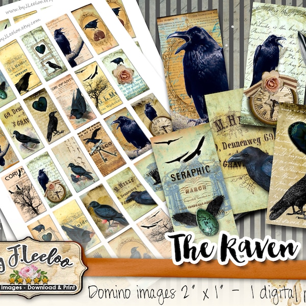 THE RAVEN 2x1 inch dark heart black crow for jewelry Digital collage sheet pendant clipart magnet instant download do132