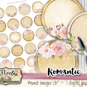 ROMÁNTICO círculo de 1,5 pulgadas editable shabby chic imágenes grabables colgante imán rosas imprimible topper descarga instantánea tn594