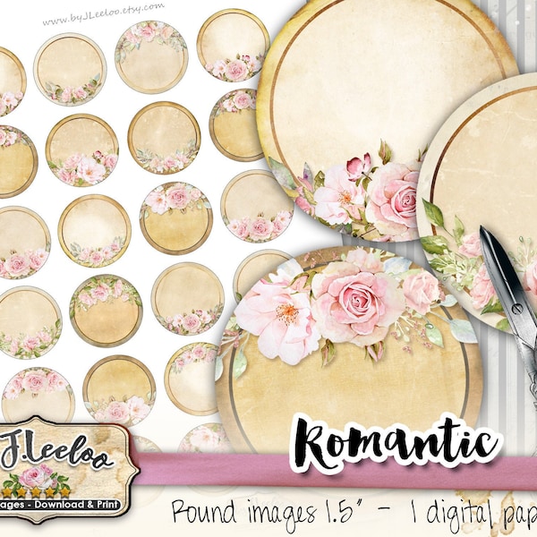 ROMANTIC 1.5 inch circle editable shabby chic writable images pendant magnet roses printable topper instant download tn594