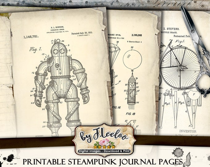 Printable JOURNAL PAGES steampunk papers 8.5x11 inch diary junk journal ephemera patent kit instant download pp469