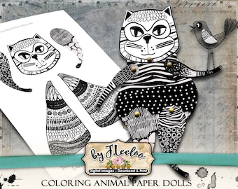 ANIMAL Paper Dolls digital altered art colorable Articulated Digital collage sheet for journal page scrapbook diary art printable pp476