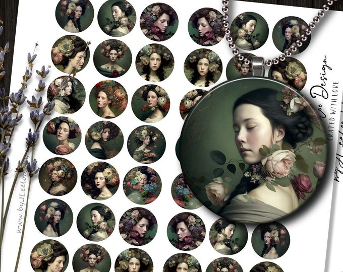 QUEEN of FLOWERS round pendants | women with romantic flowers | chic french portrait | vintage botanical portraits | flowery spring tn643