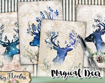 MAGICAL DEER holidays postcard Digital collage sheet instant download hang tags printable romantic paper goods jewelry holder pp512