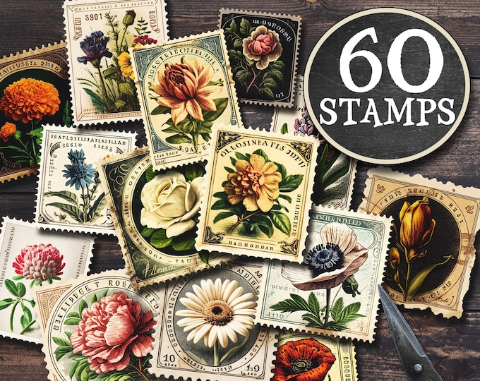 Fake FLORAL STAMPS postage Png printable | Junk Journal flower supplies  | Botanical vintage ephemera instant download collage | cl138