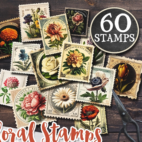 Fake FLORAL STAMPS postage Png printable | Junk Journal flower supplies  | Botanical vintage ephemera instant download collage | cl138