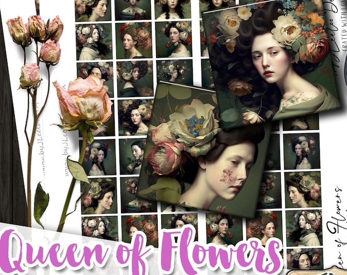 QUEEN of FLOWERS square pendants | women with romantic flowers | chic french portrait | vintage botanical portraits | flowery spring qu548