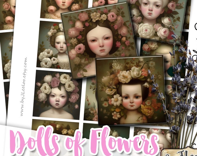 DOLLS of FLOWERS square strange pendants | printable digital images | romantic portrait | flower chic vintage | instant download qu546