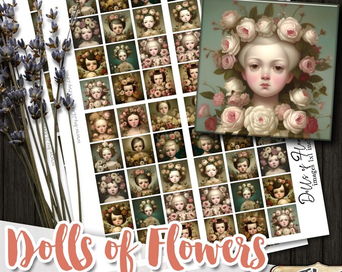 DOLLS of FLOWERS strange square pendants | 1 x 1 printable digital images | romantic portrait | flower chic vintage | instant download qu549