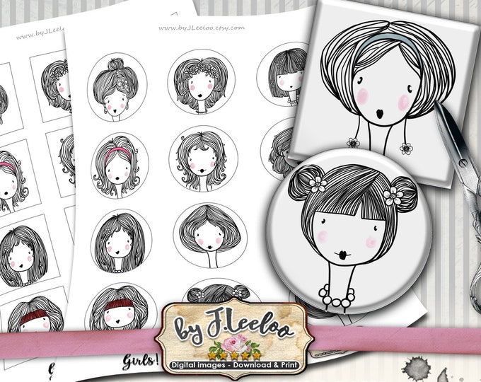 GIRLS hand-drawn 2 inch square round for pendants magnets bezel trays printable coaster graphic digital collage sheet tn564