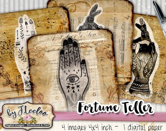 FORTUNE TELLER 4x4 inch gothic palmistry vintage - Hand drawn coaster magnet stickers hang tags - instant download - qu527