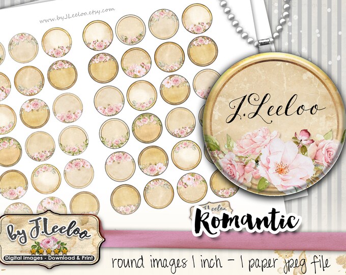 ROMANTIC 1 inch circle editable shabby chic writable images pendant magnet roses printable topper instant download tn595