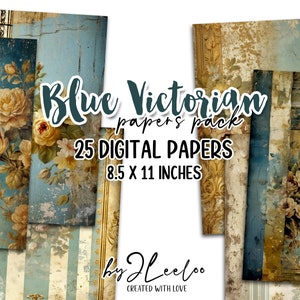 BLUE VICTORIAN french tattered papers | Shabby Chic Junk Journal pages | background Distressed card making digital ephemera | pp614