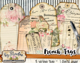 May include: Eight vintage-style French-themed tags with floral designs and handwritten text. The tags are printed on a digital paper background with a striped pattern. The text on the tags includes "Ancres", "Mons Consta", "Lie, Bonneteri", "GROS", "VAHELGERIE", "Paris", "LES MARCHANDISE", "Nos traites ne sont pe", "CHATEAU", "TARE", "N", "30", "he", "ODES", "Mue D. Loisel", "SAVON FIGA", "1. Boulevard Bonne-Nou", "PARIS", "SOCIÉTÉ D'HYGIENE FRANG", "l'entrem", "but au cor", "French Tags", "8 various tags - 1 digital paper".