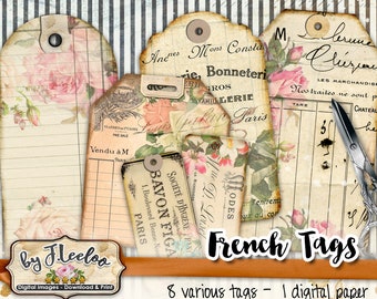 FRENCH TAGS numérique shabby chic porte-bijoux roses français articles en papier pour l'artisanat art Collage numérique téléchargement instantané imprimable tl223