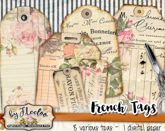 FRENCH TAGS digital shabby chic jewelry holder roses french paper goods for craft art Digital collage instant download printable tl223
