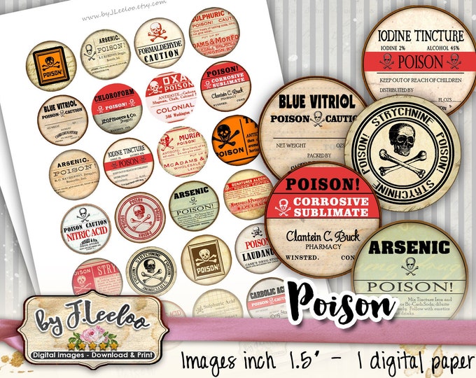 Digital paper POISON 1.5 inch circle goth apothecary labels arsenic magnet stickers mirrors pendant instant download printable tn593