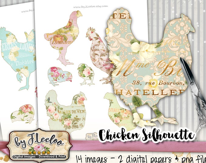 CHICKEN SILHOUETTE png jpg files clipart Digital collage sheet farm roses for scrapbooking altered art instant download printable pp499