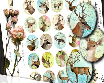 May include: A collection of oval-shaped digital images featuring various deer illustrations in a vintage style. The images have a watercolor effect with soft colors and floral accents. The text "Horns" and "images 30x40 mm" are visible.