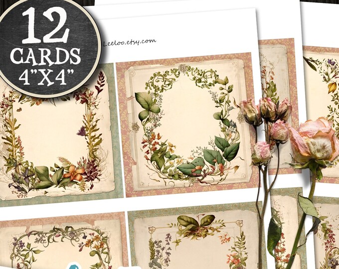 LOVELY FRAMES 4x4 inch 12 cards for coaster hang tag magnet journal DIY scrapbooking invitation | Botanical cards vintage documents | qu551