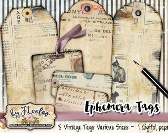 EPHEMERA TAGS vintage script diary distressed jewelry holder paper goods for craft art Digital collage instant download printable tl224