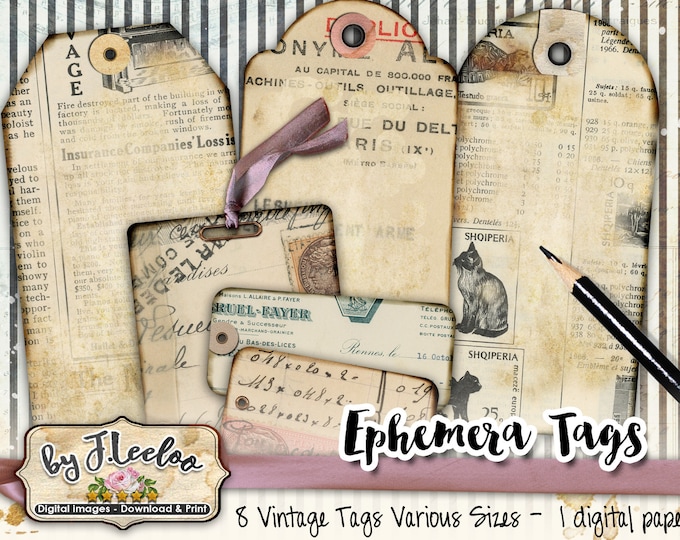 EPHEMERA TAGS vintage script diary distressed jewelry holder paper goods for craft art Digital collage instant download printable tl224