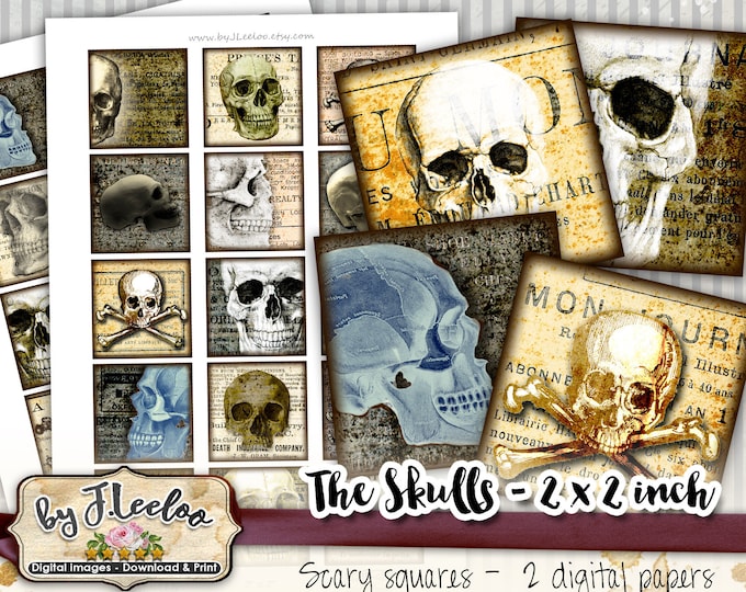 SKULLS 2x2 inch square printable for jewelry halloween hang tags invitations party instant download digital collage sheet- qu461