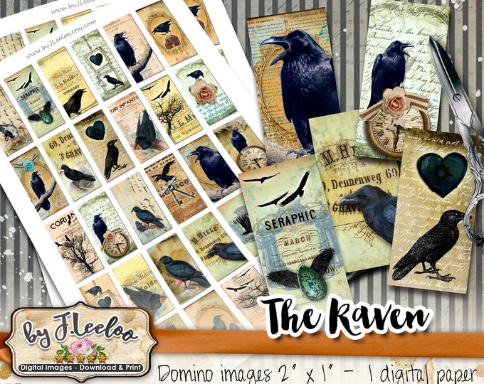 THE RAVEN 2x1 inch dark heart black crow for jewelry Digital collage sheet pendant clipart magnet instant download do132
