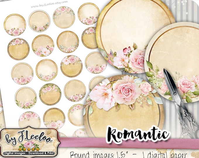 ROMANTIC 1.5 inch circle editable shabby chic writable images pendant magnet roses printable topper instant download tn594