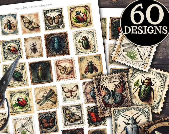 FAKE POSTAGE STAMPS entomology supplies Png printable vintage ephemera butterfly insect junk journal instant download collage | cl137