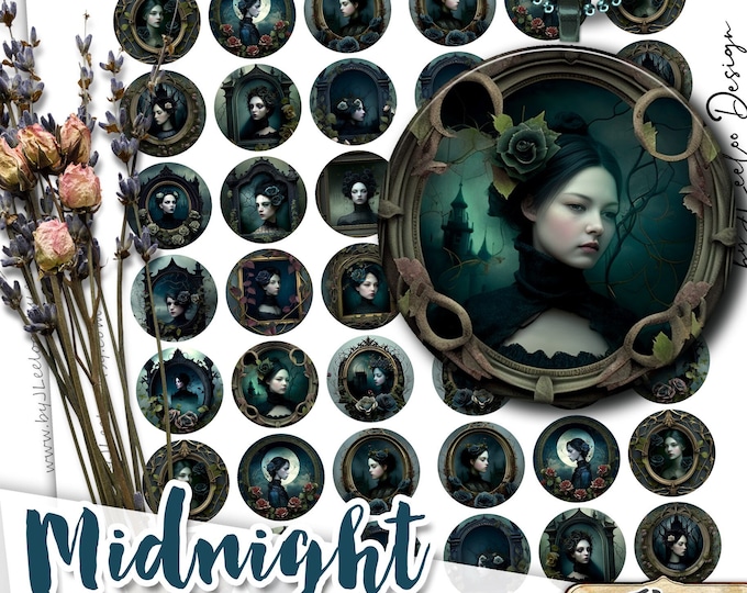 MIDNIGHT 1 inch gothic round | printable dark woman sheet digital images | melanconic victorian flower vintage | instant download tn647