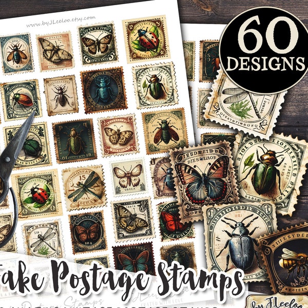 FAKE POSTAGE STAMPS entomology supplies Png printable vintage ephemera butterfly insect junk journal instant download collage | cl137