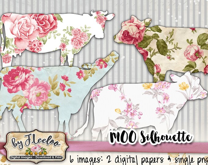 MOO SILHOUETTE png jpg files silhouette Digital collage sheet cow roses for scrapbooking altered art instant download printable pp498