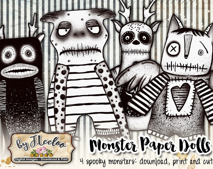 MONSTER PAPER DOLL hand drawn scary to color Digital collage sheet scrapbook instant download printable pp514