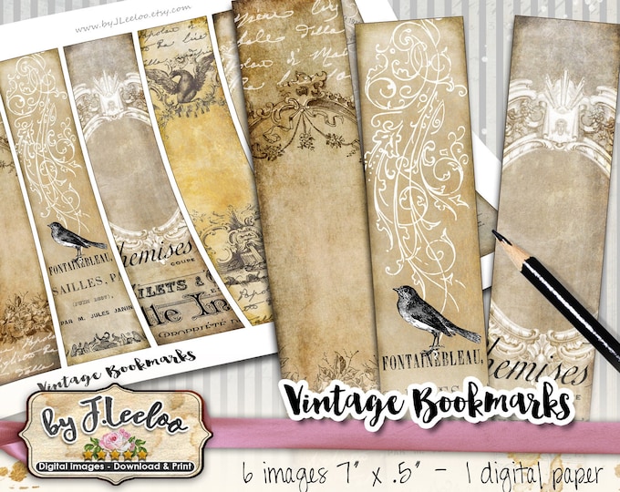 Segnalibri VINTAGE cartellini stampabili collage digitale foglio uccello immagini download istantaneo sfondo carta vittoriano-bm108