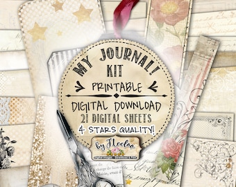 May include: A printable journal kit with 21 digital sheets. The kit features a vintage aesthetic with a variety of papers, including floral patterns, lace, and handwritten text. The text on the image reads "My Journal! Kit Printable Digital Download 21 Digital Sheets 4 Stars Quality! by Fleeloo".